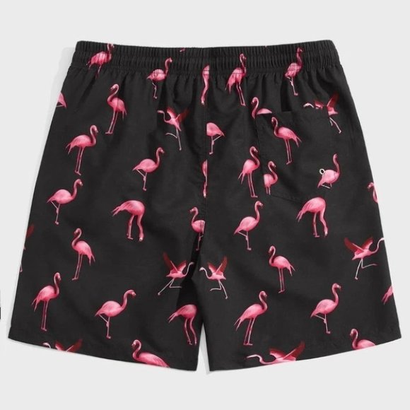 Black Vacation Style Men's Flamingo Print Swim Trunks - Picture 2 of 6